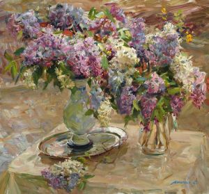 Painting, Still life - Lilac in the rain