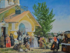 Painting, Plot-themed genre - Kopiya-Vyhod-iz-cerkvi-vo-Pskove