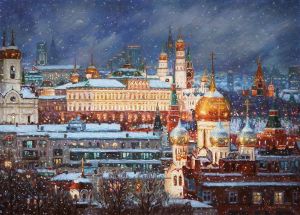 Painting, City landscape - The magic of snowy Moscow