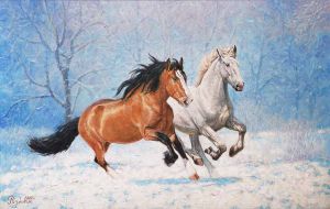 Painting, Impressionism - The horses are rushing fast through the first snow