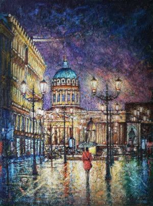 Painting, City landscape - The evening city is bright and inviting...