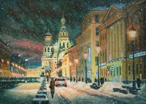 Painting, City landscape - Walking in winter St. Petersburg