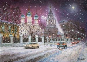 Painting, City landscape - White snow is flying, lanterns are flashing...