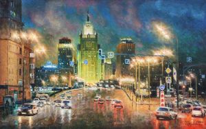 Painting, City landscape - Lights of Moscow at night. Foreign Ministry