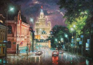 Painting, City landscape - A night thunderstorm thunders over Moscow