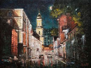 Painting, City landscape - Night city. Light and darkness