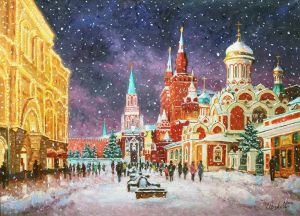 Painting, City landscape - The snow sparkles in the glow of the lanterns