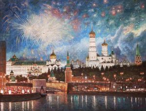 Painting, City landscape - Fireworks are booming over festive Moscow