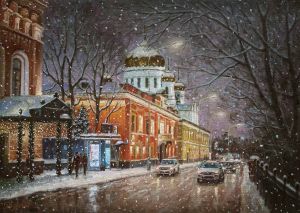 Painting, City landscape - Snowflakes are swirling over the city quietly...