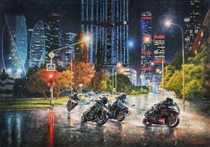 Painting, City landscape - Flying under the wheels of the night road