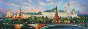 Painting, City landscape - By evening. Kremlin