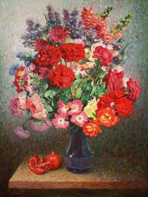 Painting, Still life - The bouquet plays with lively colors