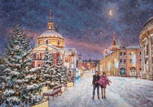 Painting, City landscape - Snow fairy tale in the city