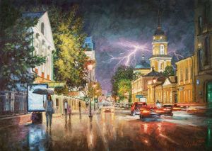 Painting, City landscape - Moscow thunderstorm