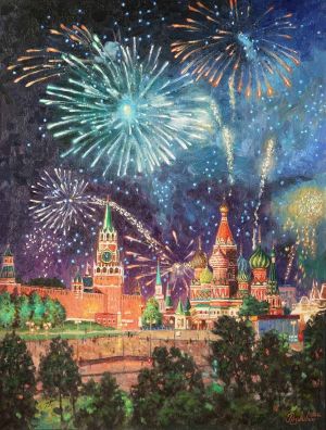 Painting, City landscape - Fireworks soar into the sky, scattering here and there...