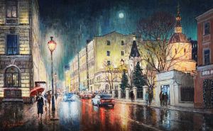 Painting, City landscape - Streets washed by the rain