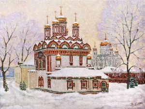 Painting, City landscape - In the snowy silence