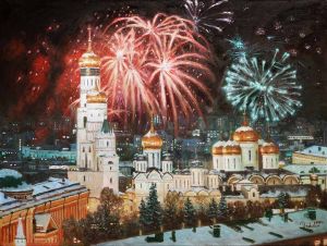 Painting, City landscape - New Year&#039;s fireworks
