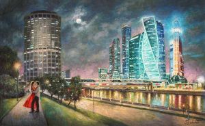 Painting, City landscape - The romance of a business city