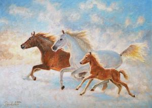Painting, Impressionism - The sun is gilding the manes