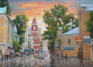 Painting, City landscape - Quietly the sun goes out