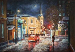 Painting, City landscape - Snowy night