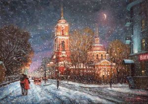 Painting, City landscape - An evening of winter magic