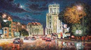 Painting, City landscape - Night romance of roads