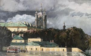 Painting, City landscape - Storm over Smolny