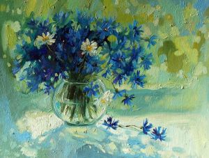 Painting, Realism - bouquet of cornflowers