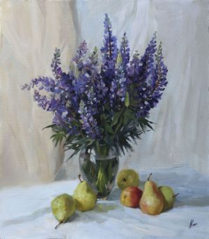 Painting, Still life - Lupins and pears
