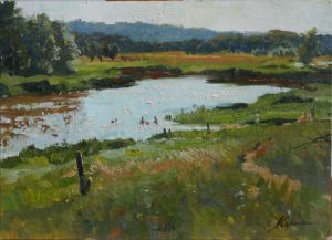 Painting, Oil - Lake in the village