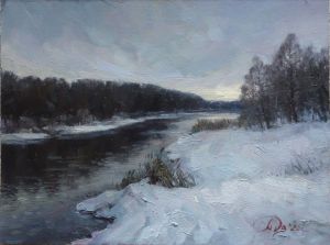 Painting, Landscape - Cloudy in the winter.