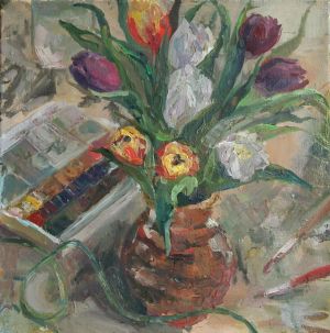 Painting, Still life - Bouquet of tulips