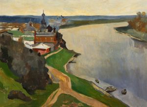 Painting, Landscape - Panorama of the Volkhov river and Nikolsky monastery in Staraya Ladoga