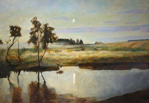 Painting, Landscape - The moon over the lake