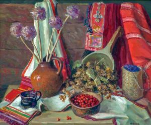 Painting, Oil - Still life with hops