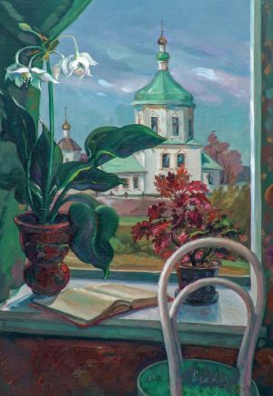 Painting, Landscape - View of the city of Cheboksary from the window