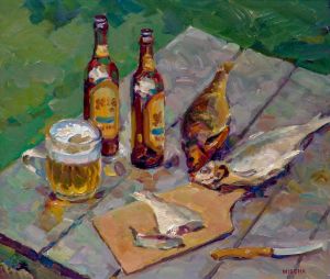 Painting, Oil - Still life Beer and fish