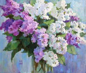 Painting, Still life - Bouquet with white lilac