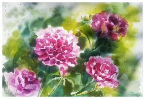 Graphics, Realism - Painting with flowers Peonies