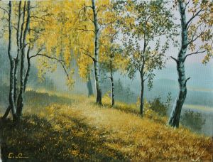 Painting, Landscape - Golden time. Fog.