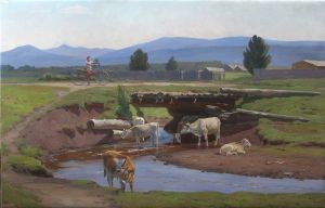 Painting, Landscape - The bridge in the Republic of Khakassia