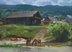 Painting, Landscape - At the watering hole. Mezmai. 