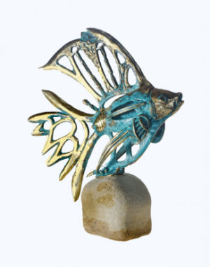 Sculpture, Animalistics - Bronze on Stone Fish Sculpture Rustic Metal Nautical Home Decor Perfect Gift for Fisherman