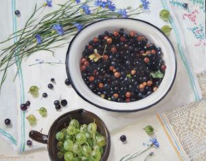 Painting, Still life - Gooseberries and blackcurrants.