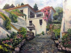 Painting, City landscape - Cyprus. North. Street of flowers