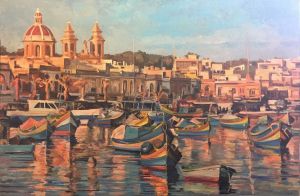Painting, City landscape - Malta, Marsaxlokk, in the sun