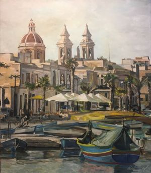 Painting, City landscape - Malta, Marsaxlokk