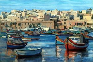 Painting, City landscape - Malta, Marsaxlokk, SAFETY OF COLOR BOATS